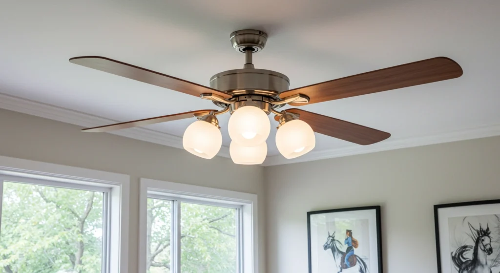 Fan and light combination unit in a living room