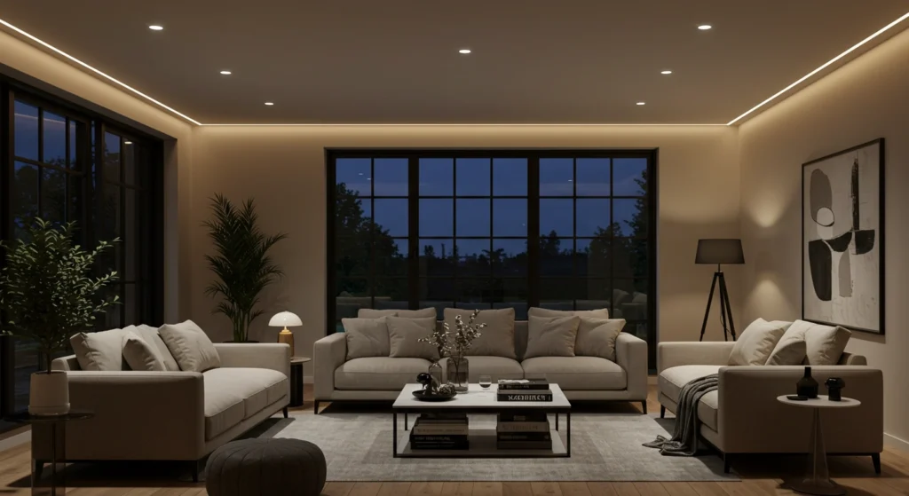 LED downlights installed in a modern living room
