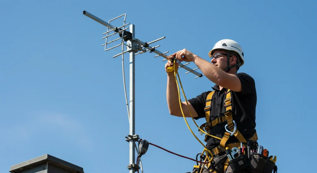 Technician repairing a TV antenna