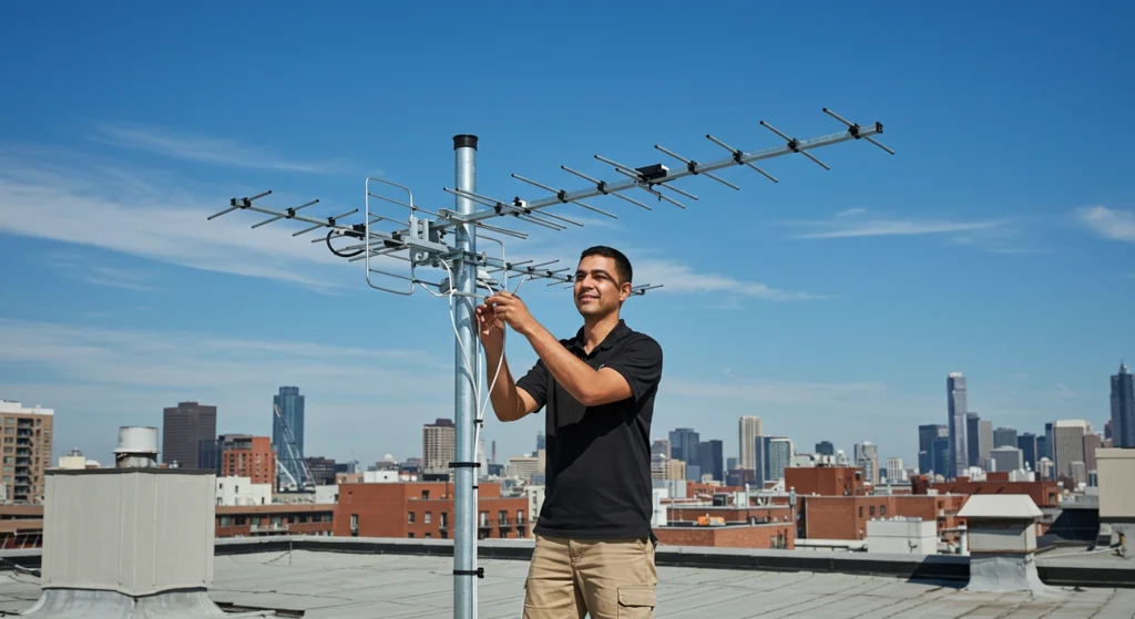 Technician installing a TV antenna on a roof in Chifley