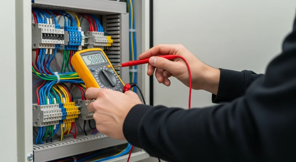 Electrician performing electrical safety checks and wiring upgrade