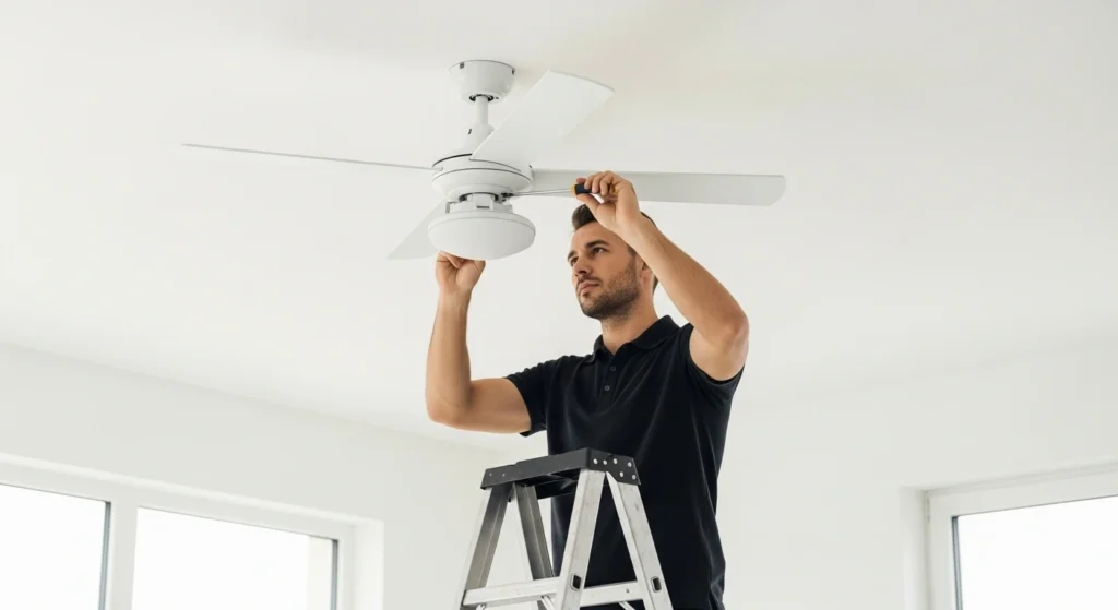 Electrician repairing a ceiling fan