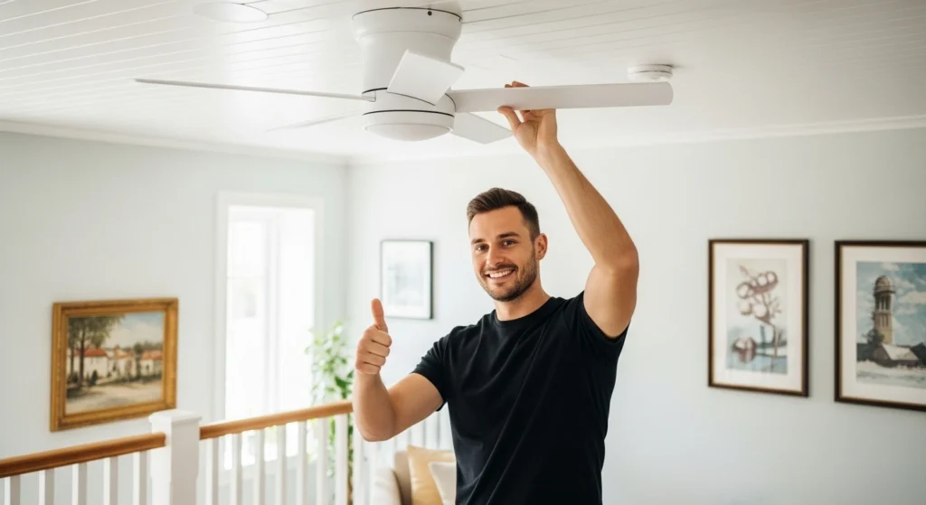 Electrician performing ceiling fan installation in Chifley