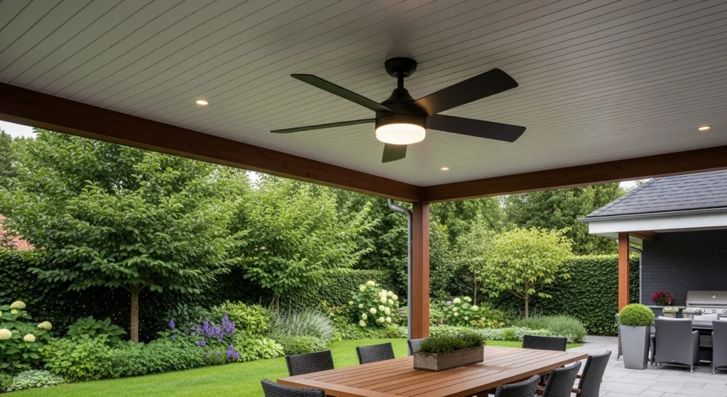 Outdoor ceiling fan installation on a patio