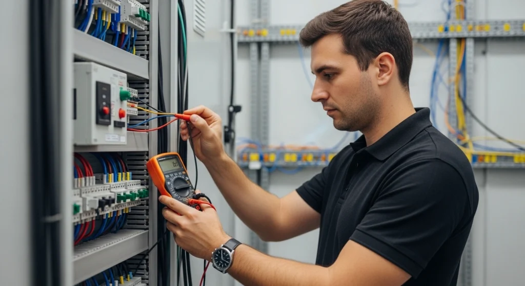 Technician diagnosing cabling issue with a tester