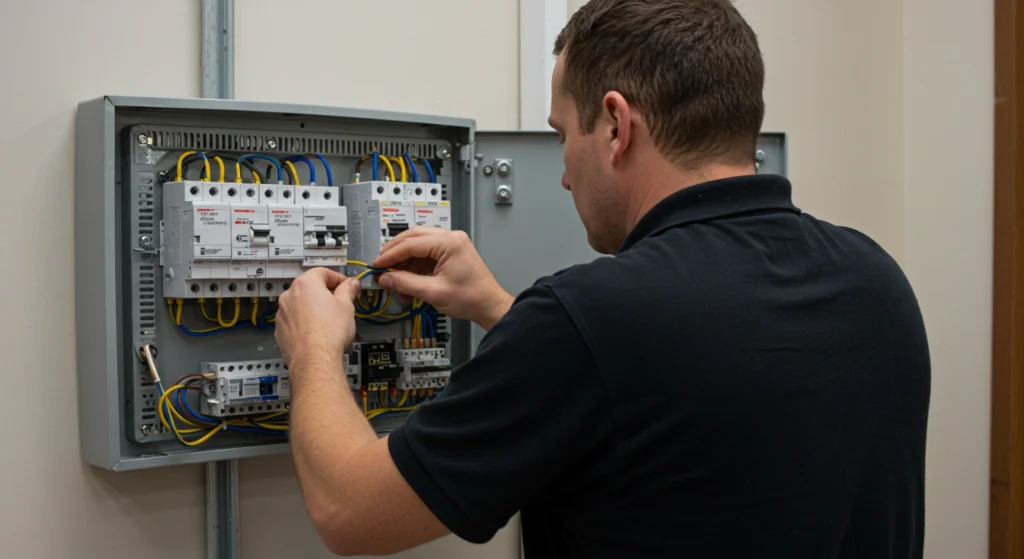 Electrician responding to an electrical switchboard emergency