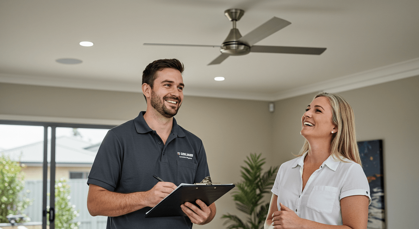 A man and a woman discussing electrical needs in a living room